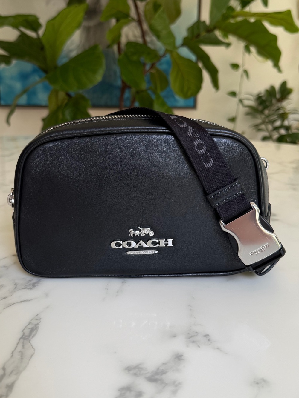 Coach Pace Leather Belt Bag CR136 Silver Black Unisex Crossbody with Logo Strap